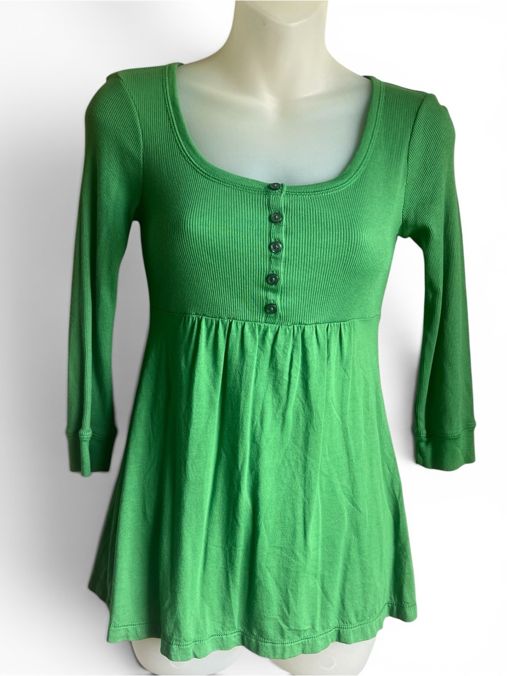 Y2K Green Babydoll Henley Top 3/4 Sleeve Shirt Women XS